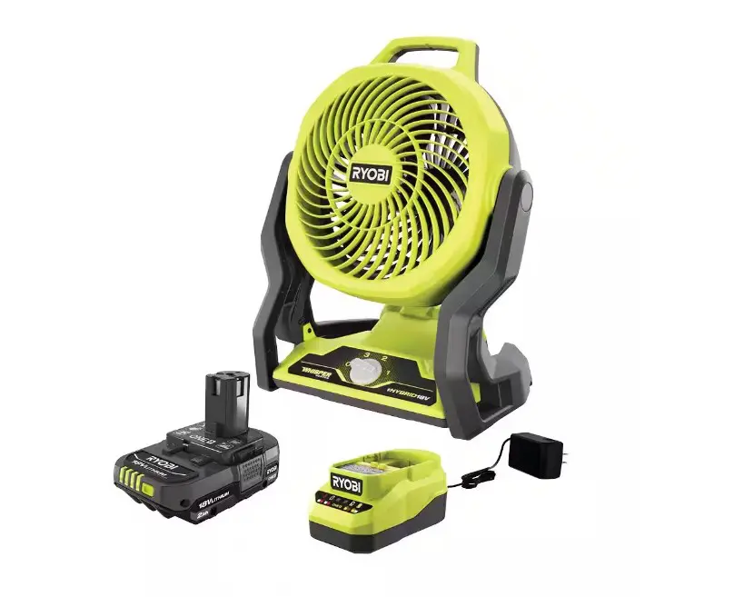 A yellow and black fan with batteries on top of it
