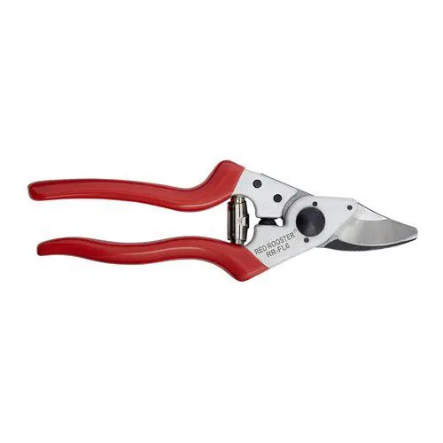 A pair of red handled scissors with a black handle.