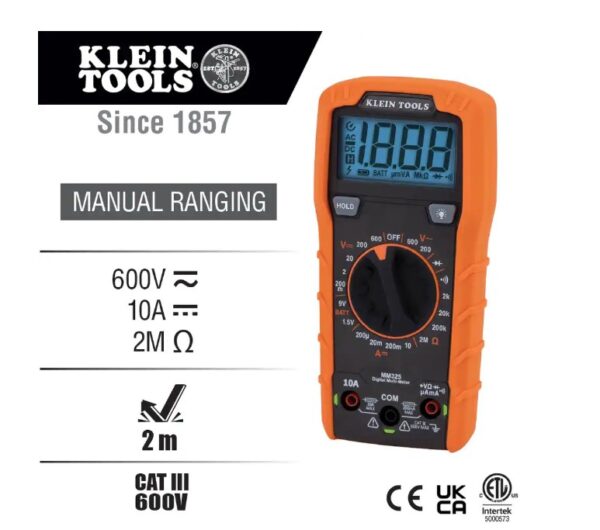 A digital multimeter is shown with an orange background.