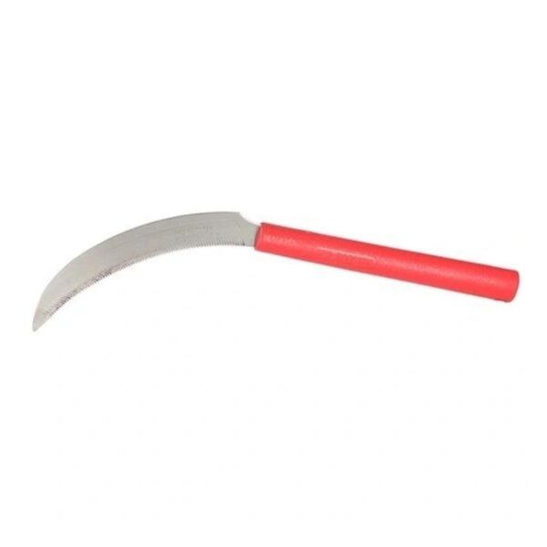 A red handle is on the side of this knife.