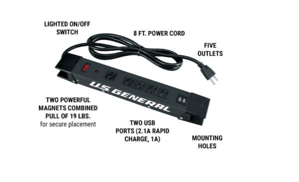 A power strip with two usb ports and five outlets.