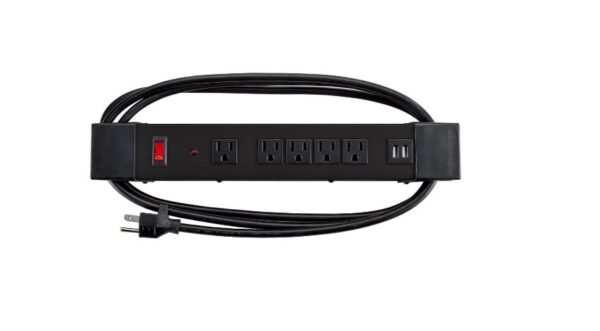 A black power strip with six outlets and two usb ports.