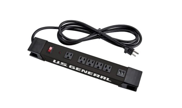 A black power strip with multiple outlets and two cords.