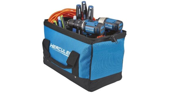 A blue bag with many tools inside of it