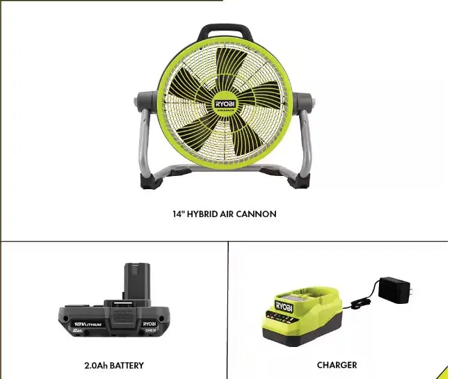 A fan is shown with various accessories.