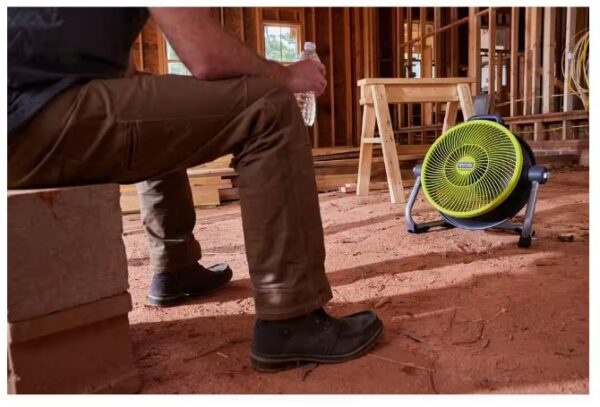 A man sitting on the ground in front of a fan.