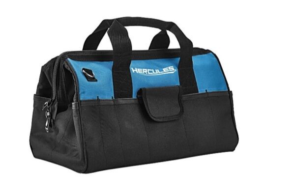 A blue and black bag with handles