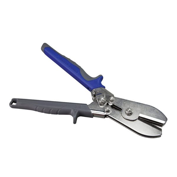 A pair of scissors with blue handles and a gray handle.