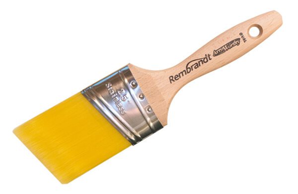 A yellow paint brush with a wooden handle.